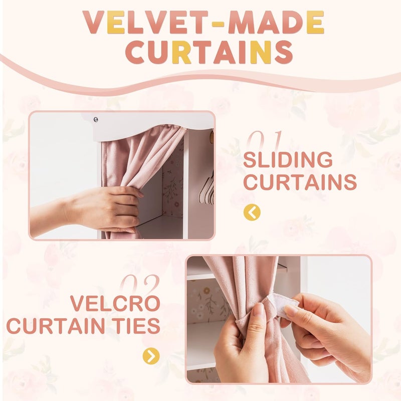 ROBUD Wooden Play Armoire Closet for Dolls, Doll Closet Furniture Wardrobe with 5 Hangers, Mirror, Velvet Curtains, Fit for 16-20in American Girl Doll Clothes, Gift for Boys & Girls, 3+ - Image 5